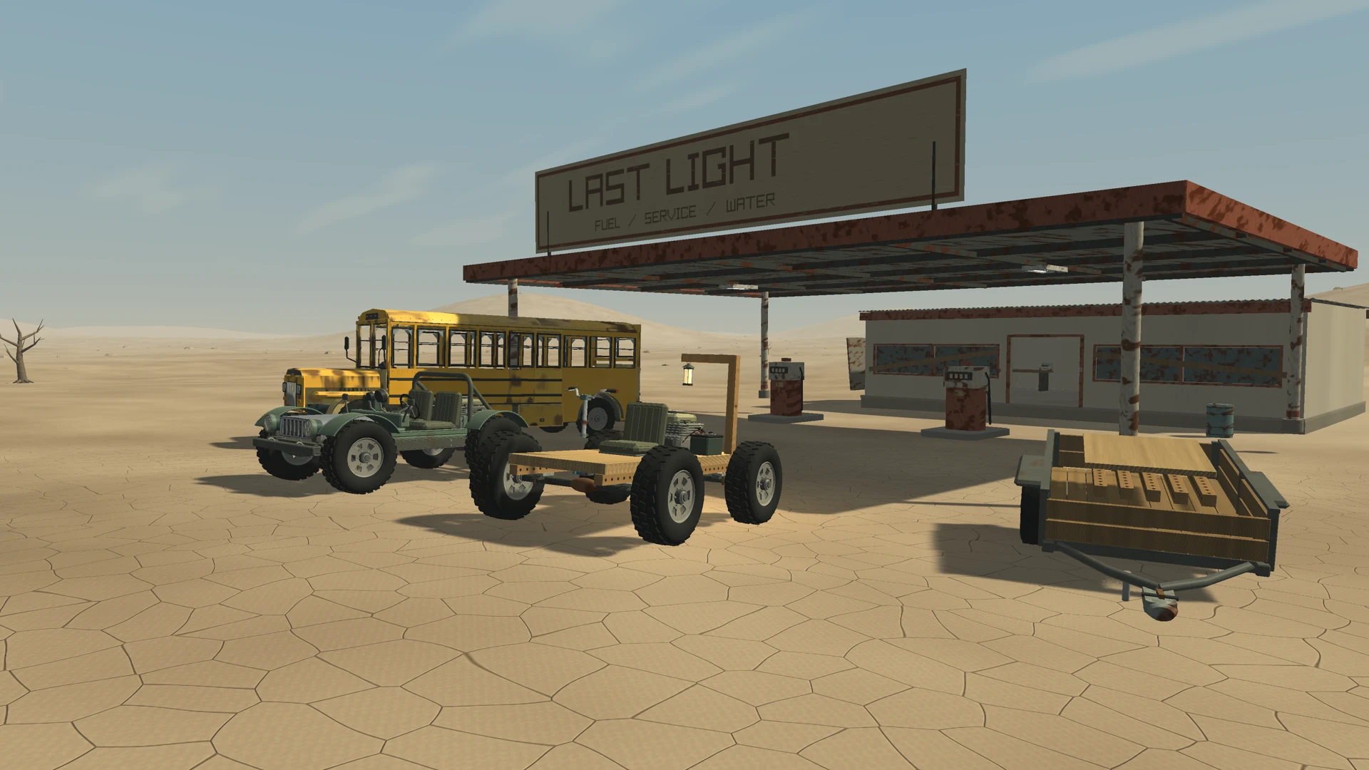 Salvaged vehicles lined up outside Last Light fuel station