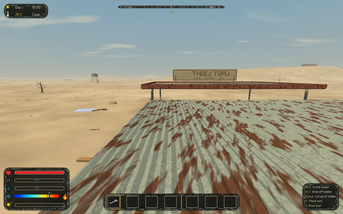 The gas-station roof, reached using its existing rear ladder.