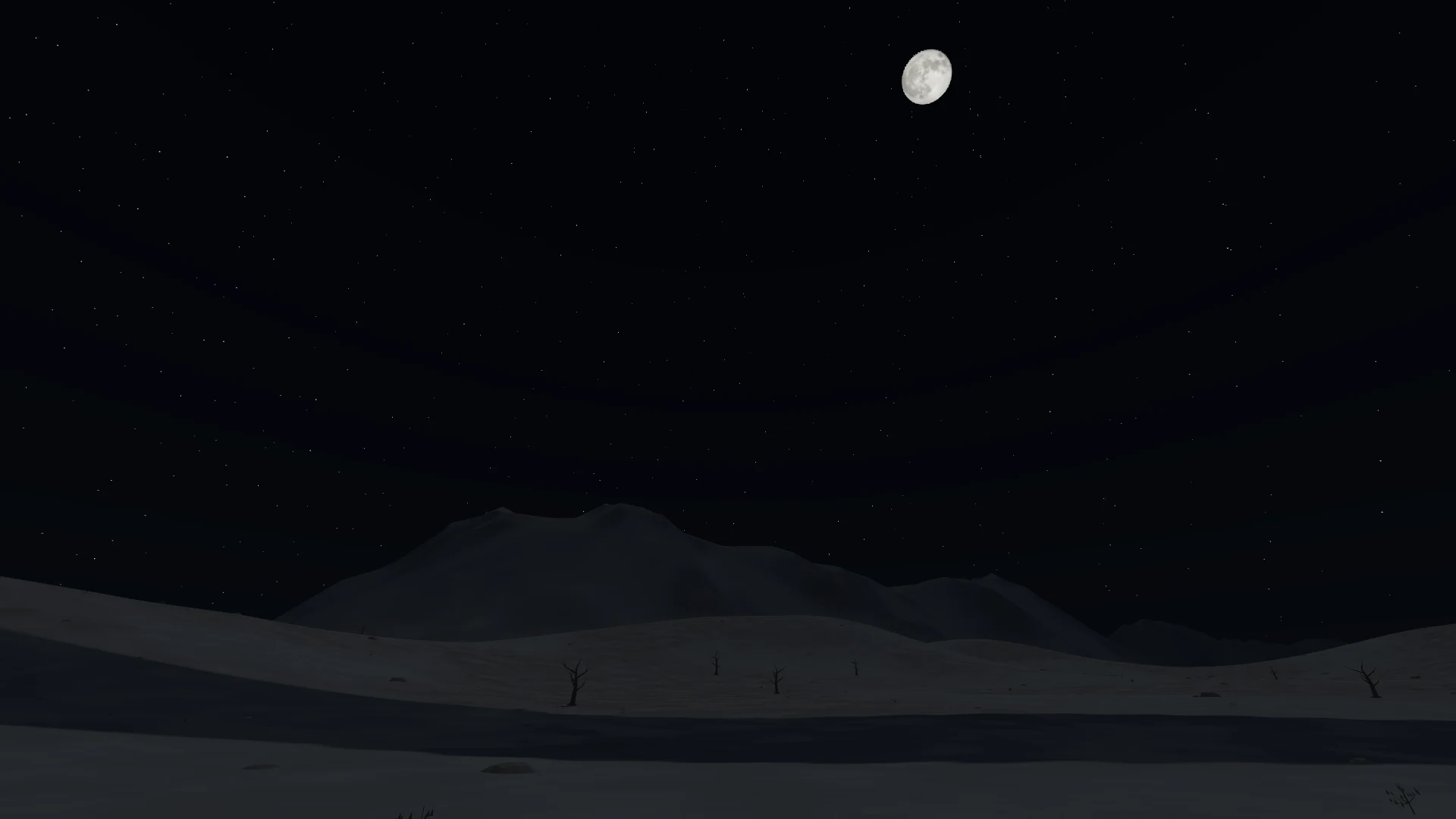 Moonlight on the hills and sparse trees after dark.
