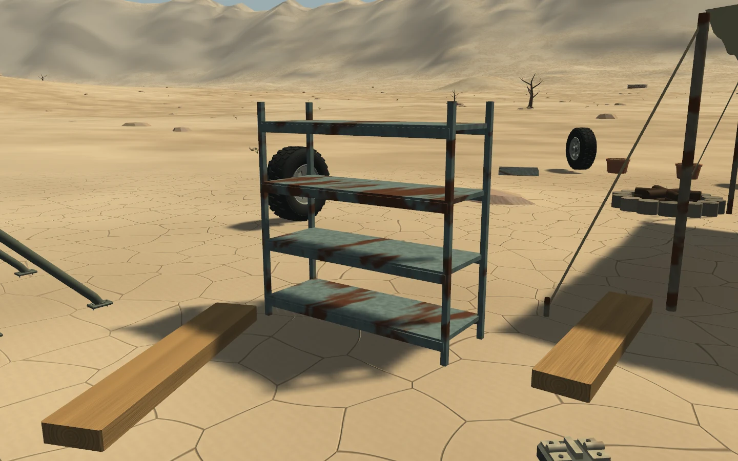 Recovered metal shelving, placed back at camp with open bays for supplies.