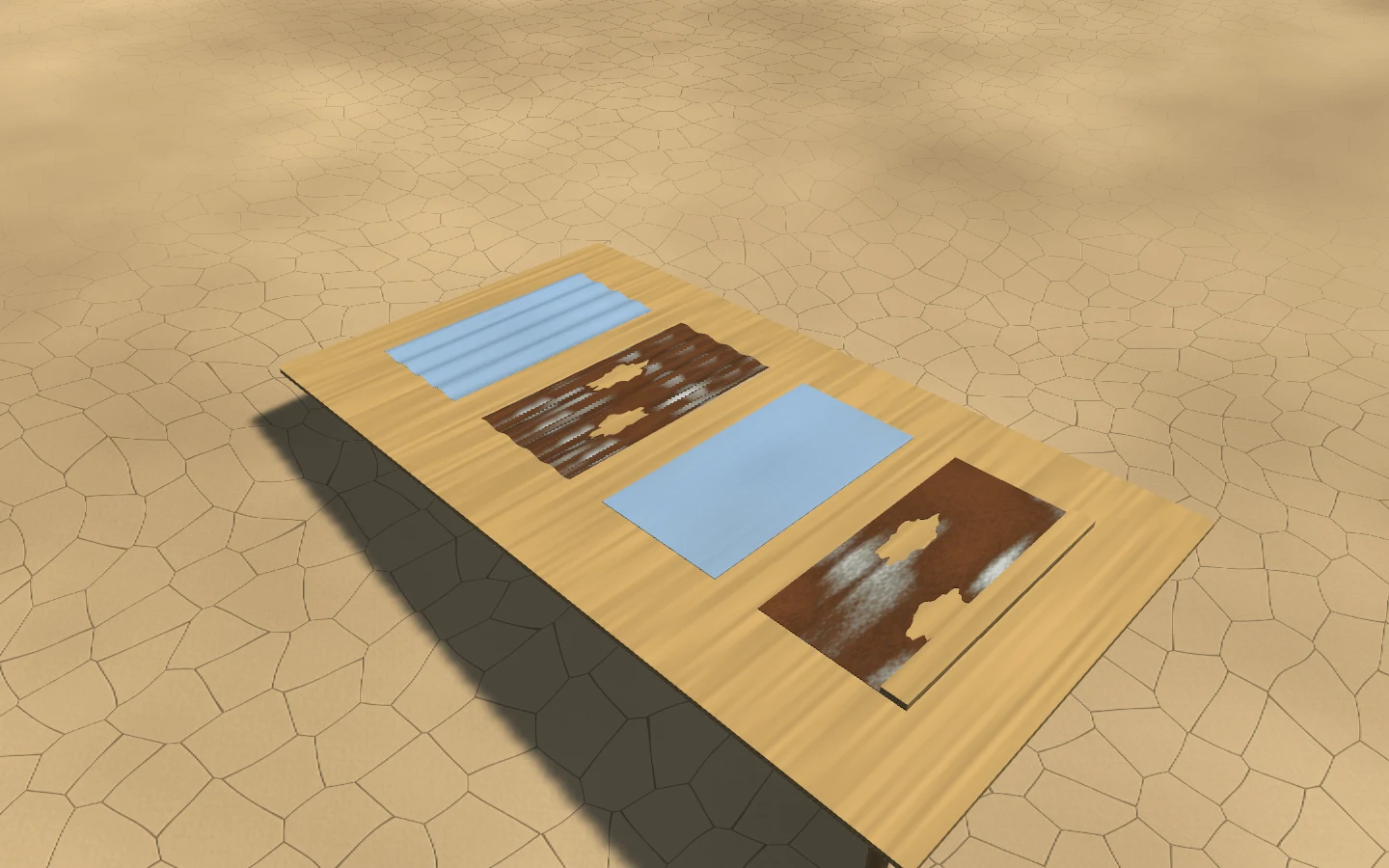 Flat and rounded corrugated sheets, with intact and rust-through examples.