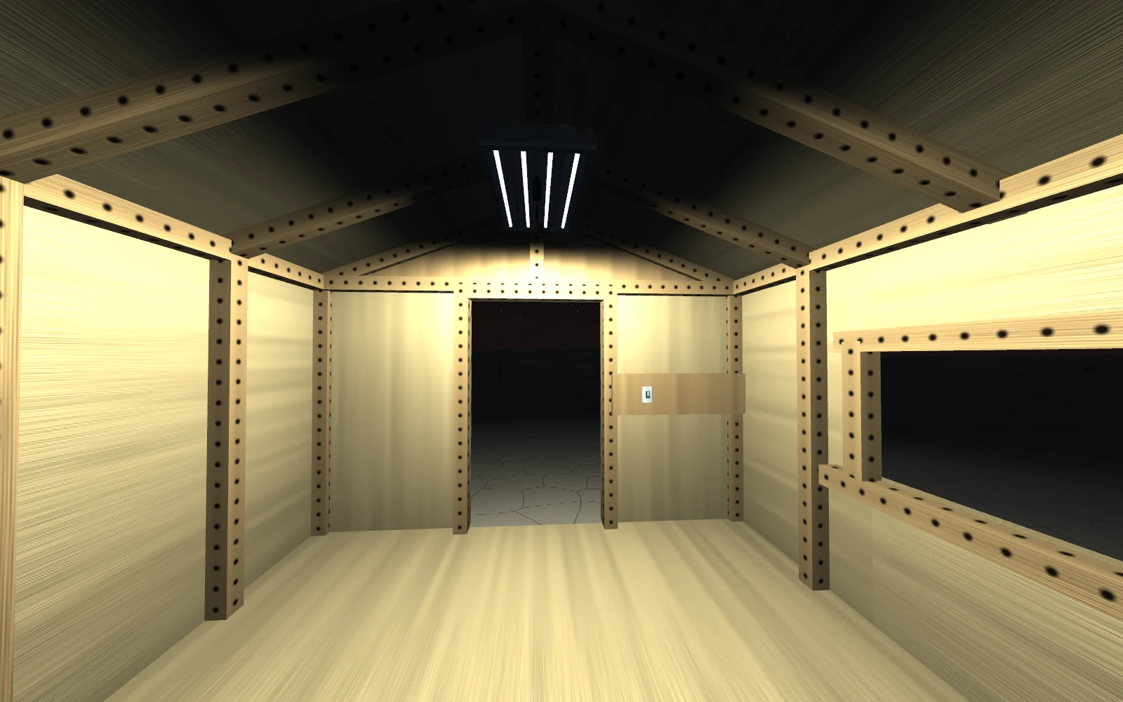 Exposed roof framing, T8 lights and a switch mounted beside the door.
