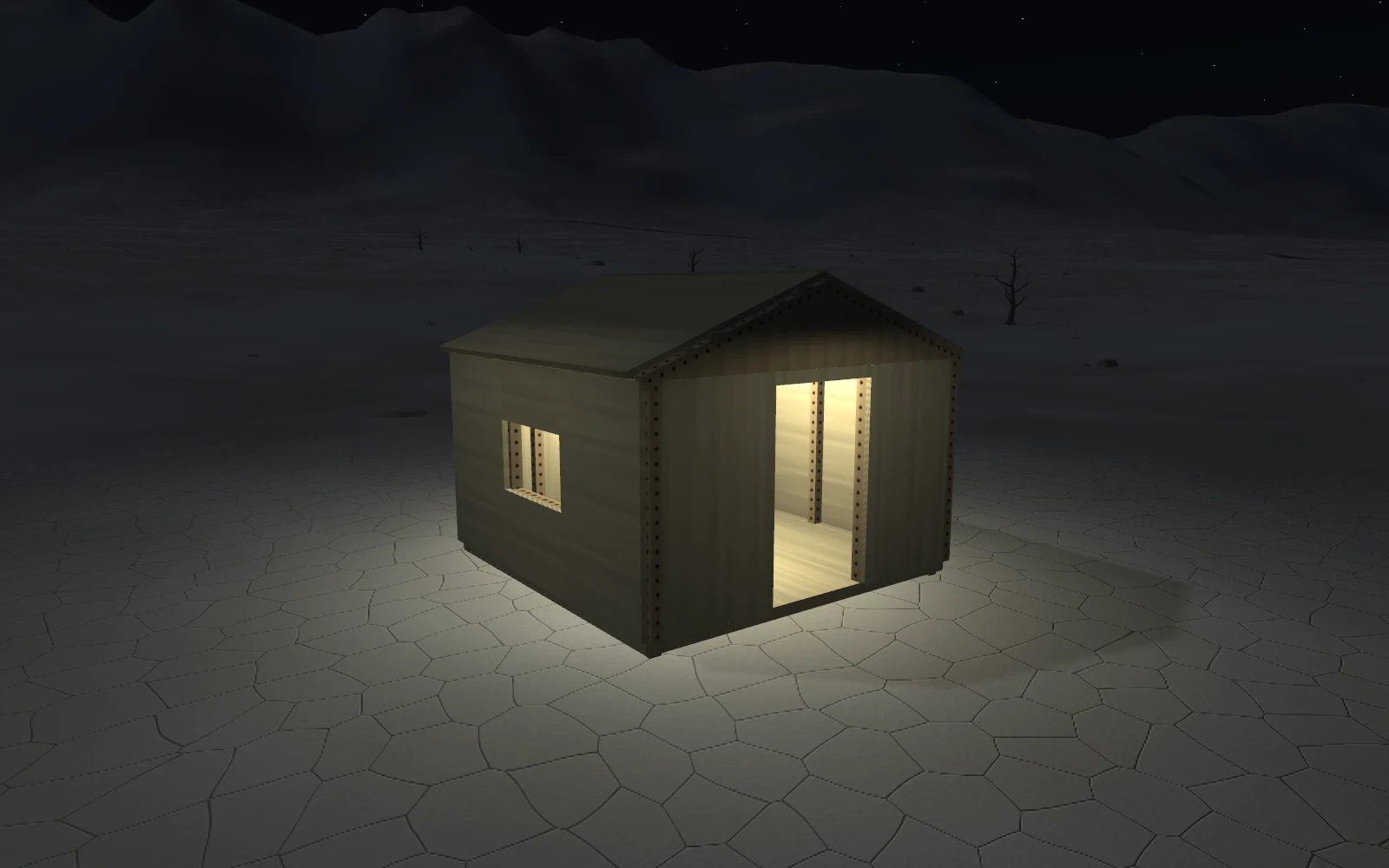 The completed house after dark.