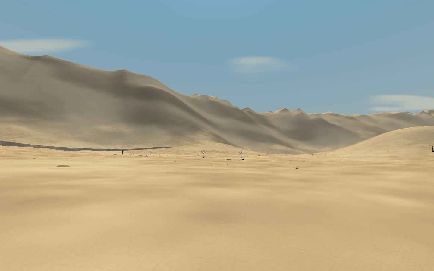 Sparse clouds drift and change shape with the wind. A frame from the timed renderer check.